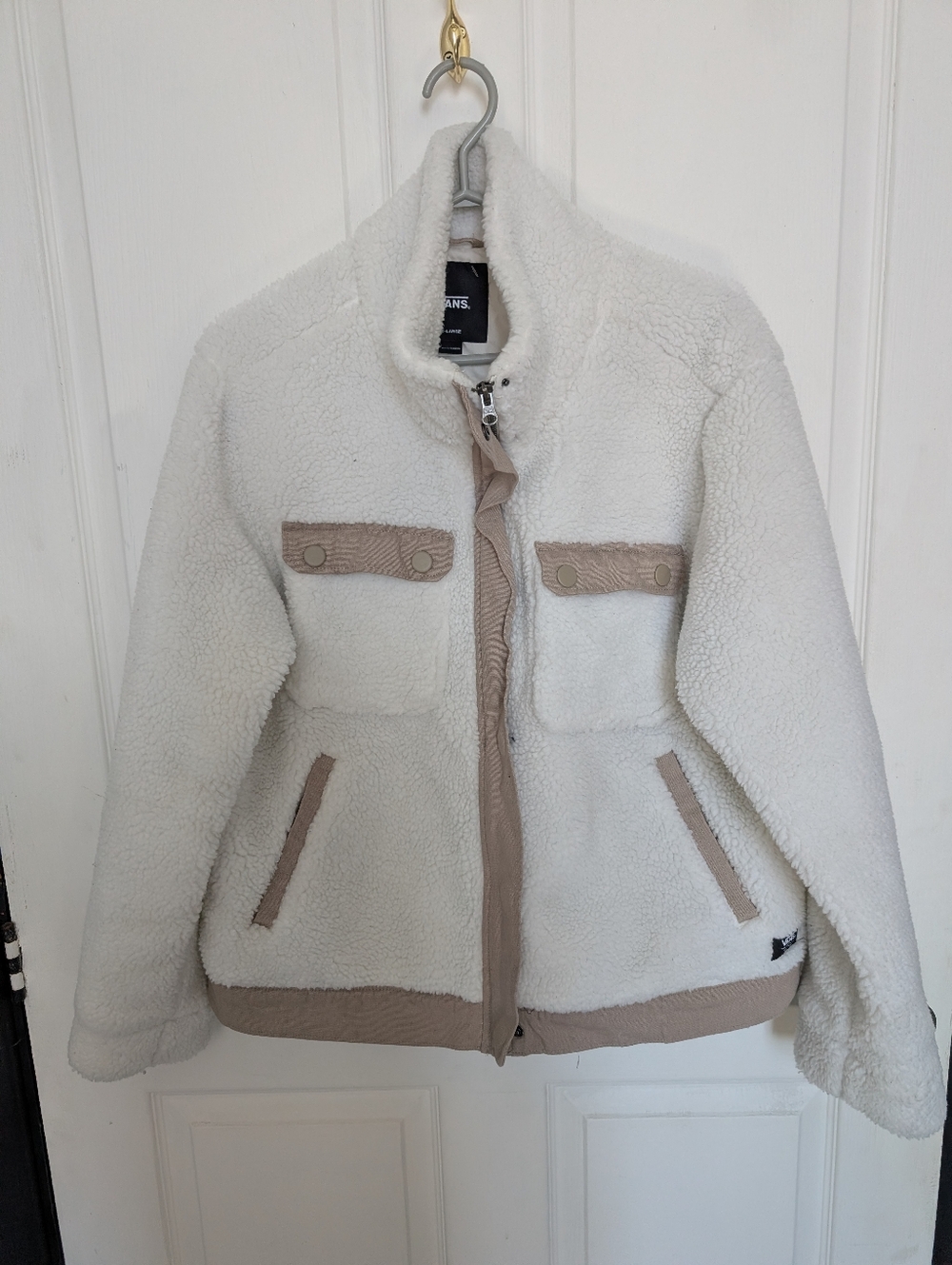Women's Luxe And Cozy Vans Cream Sherpa Jacket with Tan Trim